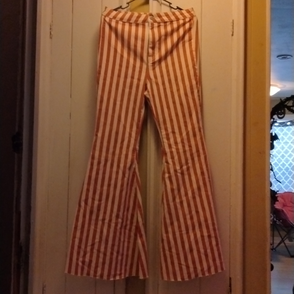 Free people white and redish orange striped bell flare pants, circus, goth